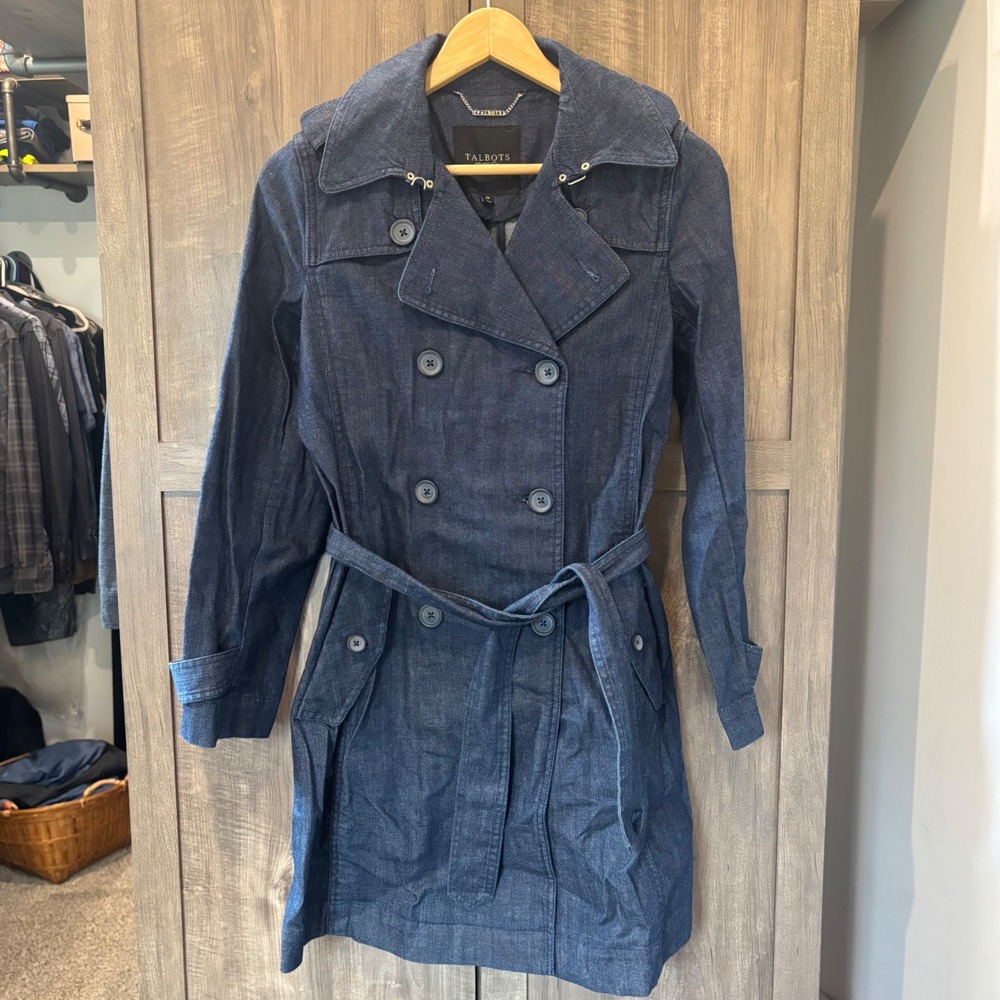 Talbots Denim Trench Coat Dark Wash Double Breasted Belted Jacket 4P
